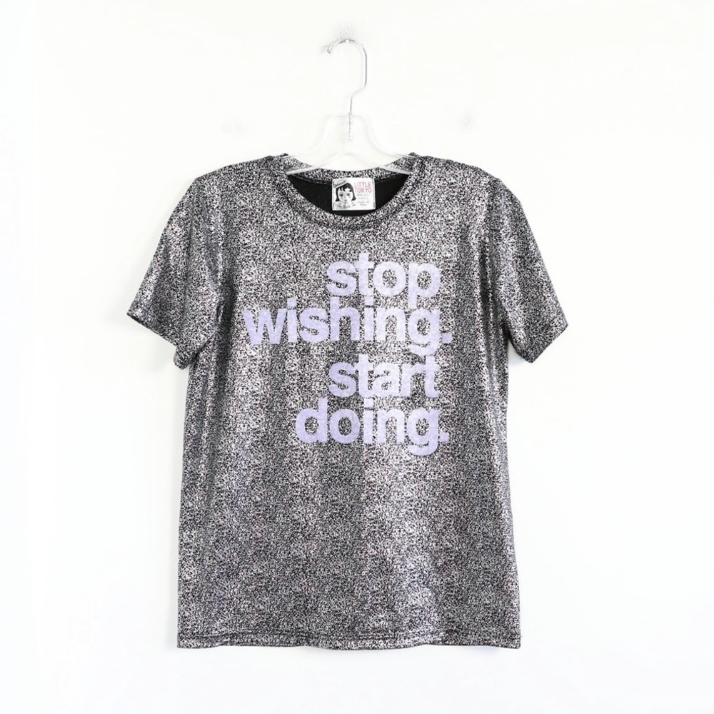 Little Tokyo Korean designer graphic tee silver print textured t-shirt M medium